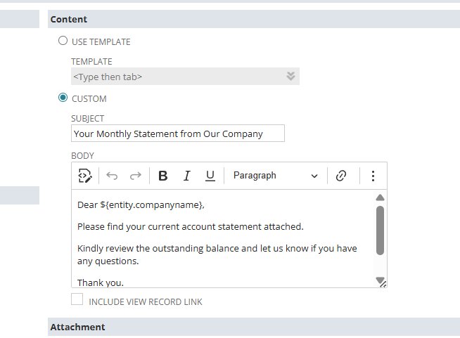 NetSuite Send Email content — Custom mode selected, subject Your Monthly Statement from Our Company, body with FreeMarker entity.companyname variable